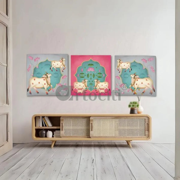 Indian Pastel Krishna Cow Pichwai Painting Wall Painting (Set of 3) Giclee Print Option 1 (Set of 3 with 2 grey & 1