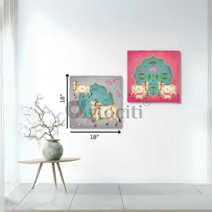Indian Pastel Krishna Cow Pichwai Painting Wall Painting (Set of 3) Giclee Print Option 3 (Set of 2 with 1 grey & 1