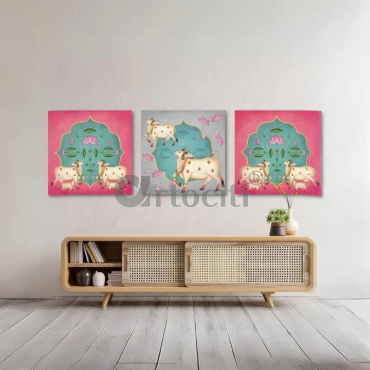 Indian Pastel Krishna Cow Pichwai Painting Wall Painting (Set of 3) Giclee Print Option 2 (Set of 3 with 1 grey & 2
