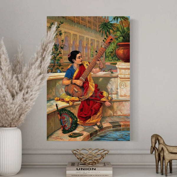 Indian Women Playing Sitar by Raja Ravi Varma Famous Canvas Painting Raja Ravi Verma