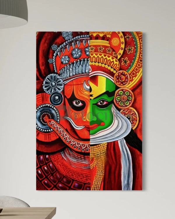 Kathakali classical Indian dance-drama from kerala Mural Canvas Painting | Dual Kathakali Faces 18X12 Inch