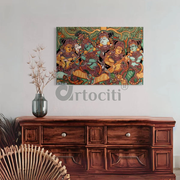 Kerala Mural Canvas Painting of Lord Krishna and his Gopis High Quality Giclee Print 12’’ X 18’’