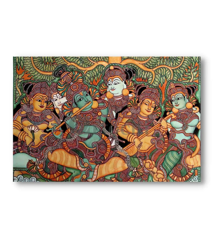 Kerala Mural Canvas Painting of Lord Krishna and his Gopis High Quality Giclee Print 32’’ X 48’’