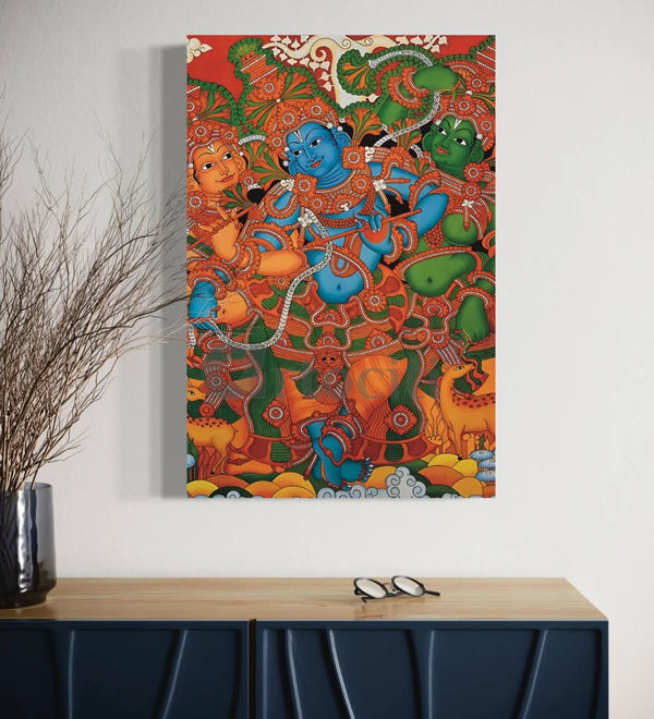 Kerala Mural Krishna with Gopis Canvas Painting 16’’ X 24’’