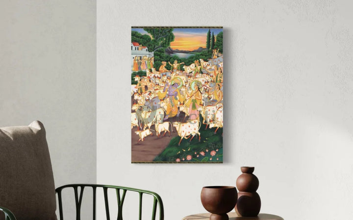 Krishna & Balram with Cows in Vrindavan Pichwai Canvas Painting 18X12 INCHES