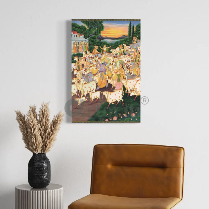 Krishna & Balram with Cows in Vrindavan Pichwai Canvas Painting 24X16 INCHES