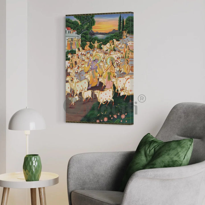 Krishna & Balram with Cows in Vrindavan Pichwai Canvas Painting 30X20 INCHES