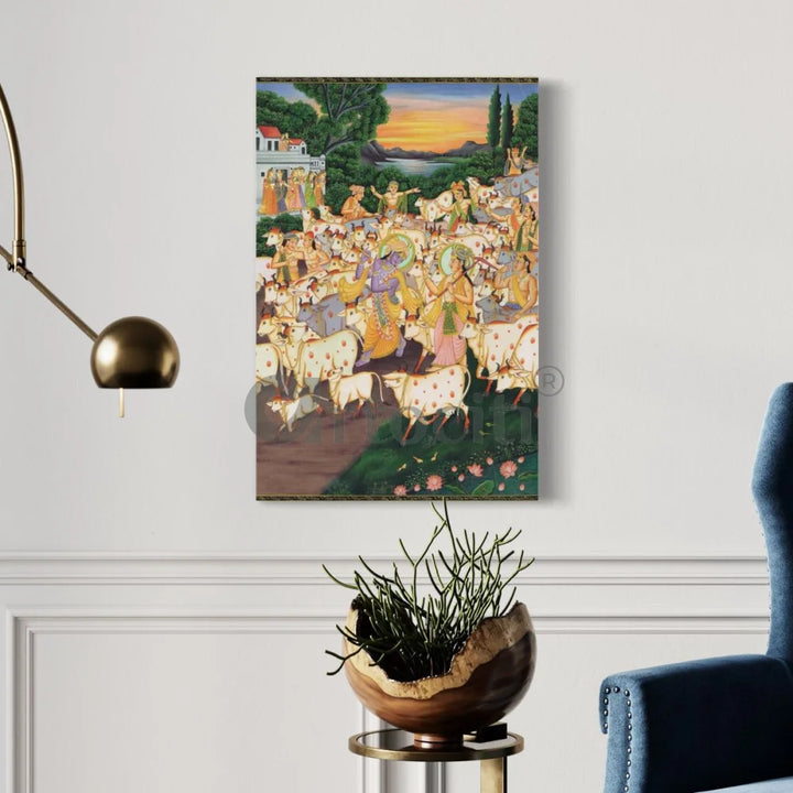 Krishna & Balram with Cows in Vrindavan Pichwai Canvas Painting 48X32 INCHES