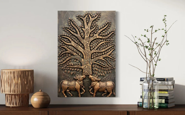 Krishna Cow Pichwai with Tree of Life 3D Relief Mural Wall Art