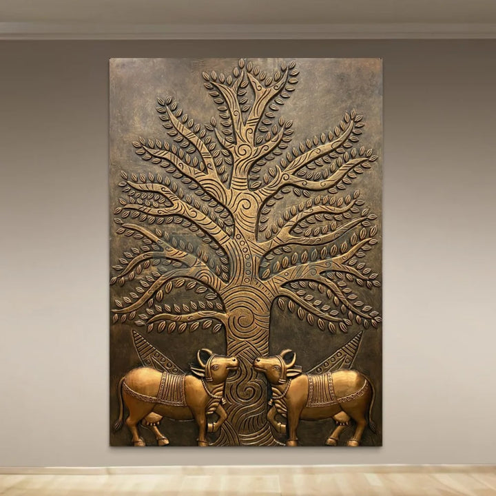 Krishna Cow Pichwai with Tree of Life 3D Relief Mural Wall Art