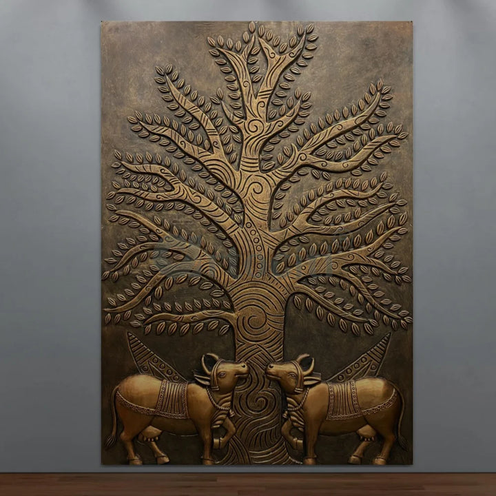 Krishna Cow Pichwai with Tree of Life 3D Relief Mural Wall Art