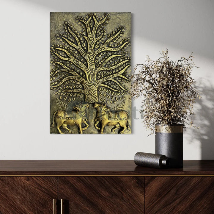Krishna Cow Pichwai with Tree of Life 3D Relief Mural Wall Art