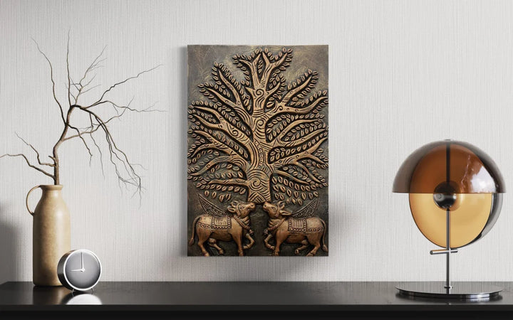 Krishna Cow Pichwai with Tree of Life 3D Relief Mural Wall Art
