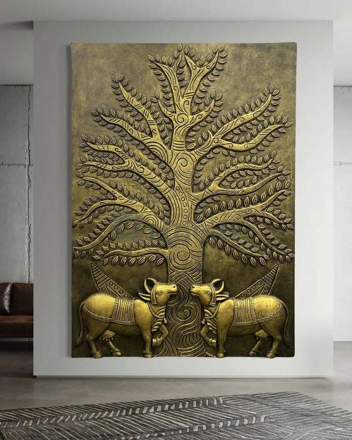 Krishna Cow Pichwai with Tree of Life 3D Relief Mural Wall Art