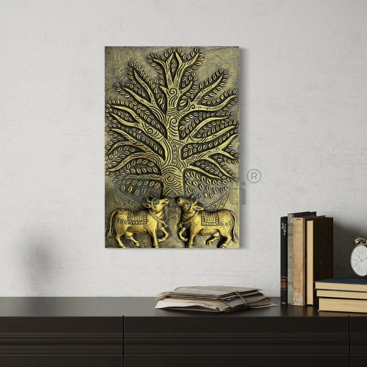 Krishna Cow Pichwai with Tree of Life 3D Relief Mural Wall Art