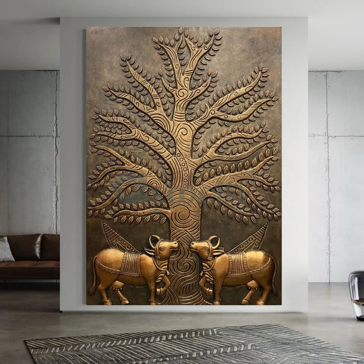 Krishna Cow Pichwai with Tree of Life 3D Relief Mural Wall Art