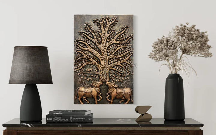 Krishna Cow Pichwai with Tree of Life 3D Relief Mural Wall Art Bronze / 24X16 Inches