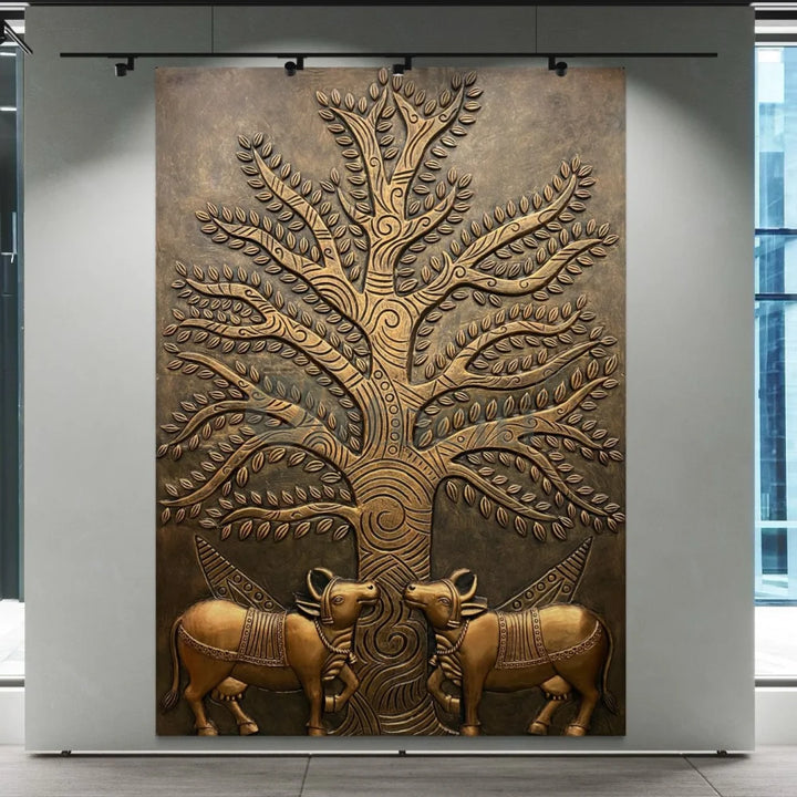 Krishna Cow Pichwai with Tree of Life 3D Relief Mural Wall Art Bronze / 84X60 Inches
