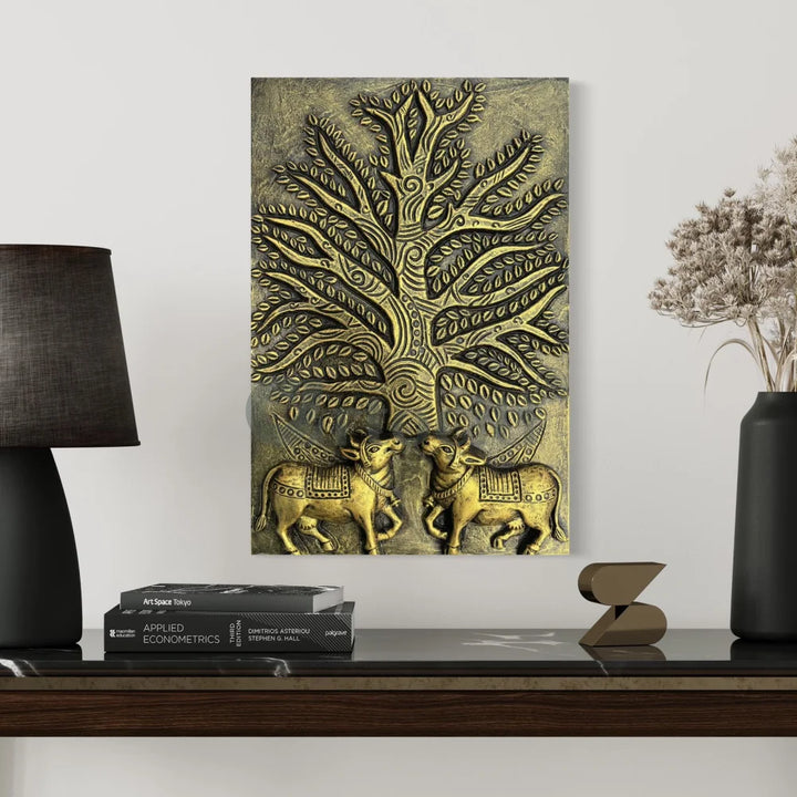 Krishna Cow Pichwai with Tree of Life 3D Relief Mural Wall Art Golden / 24X16 Inches