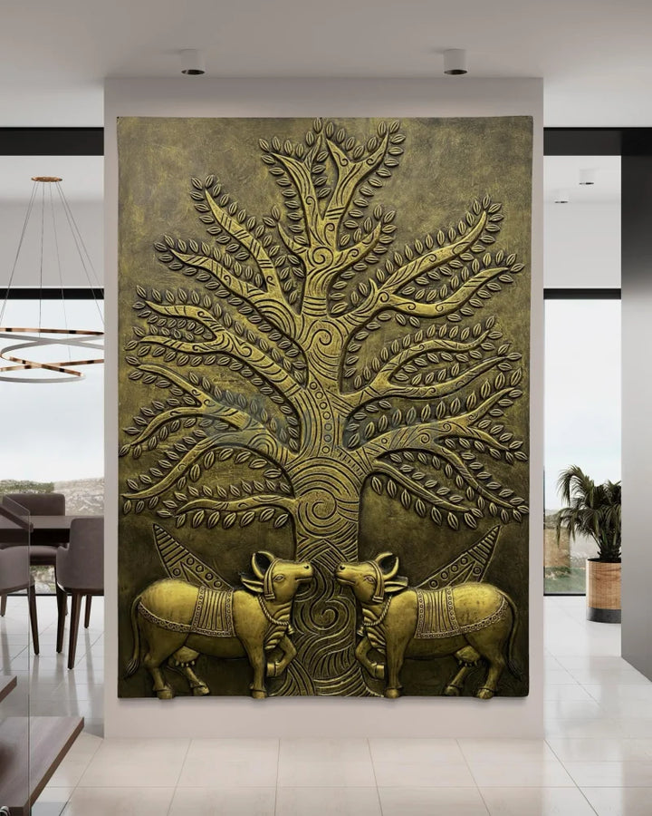 Krishna Cow Pichwai with Tree of Life 3D Relief Mural Wall Art Golden / 84X60 Inches