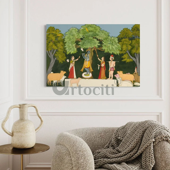Krishna Entertaining Companions Pichwai Art Canvas Giclee Painting