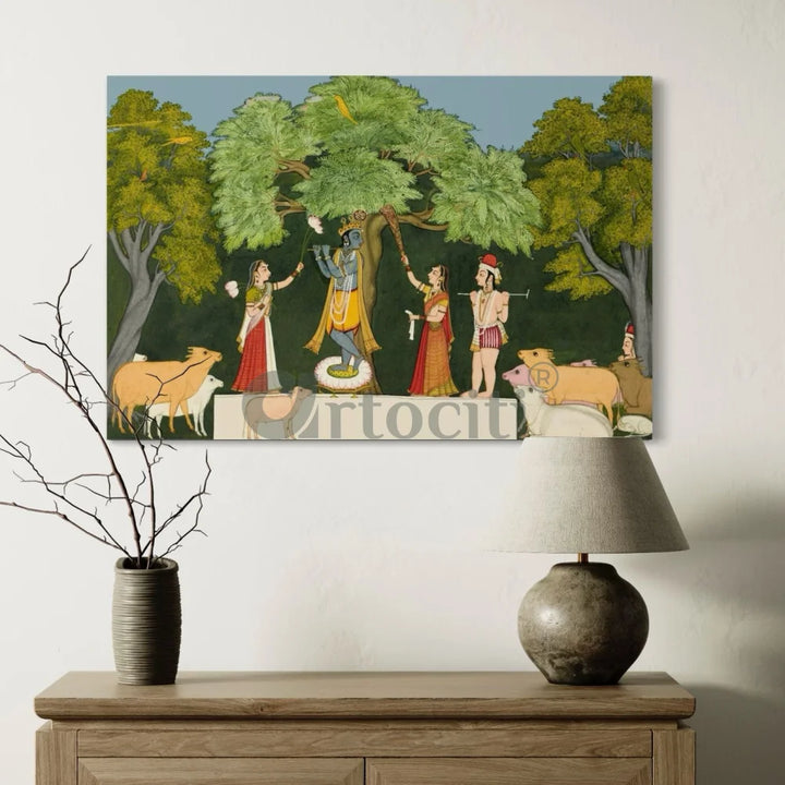 Krishna Entertaining Companions Pichwai Art Canvas Giclee Painting 16X24 Inches