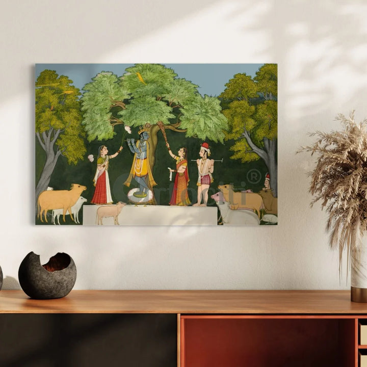 Krishna Entertaining Companions Pichwai Art Canvas Giclee Painting 20X30 Inches