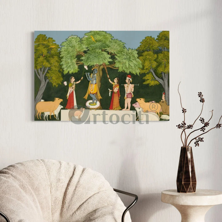 Krishna Entertaining Companions Pichwai Art Canvas Giclee Painting