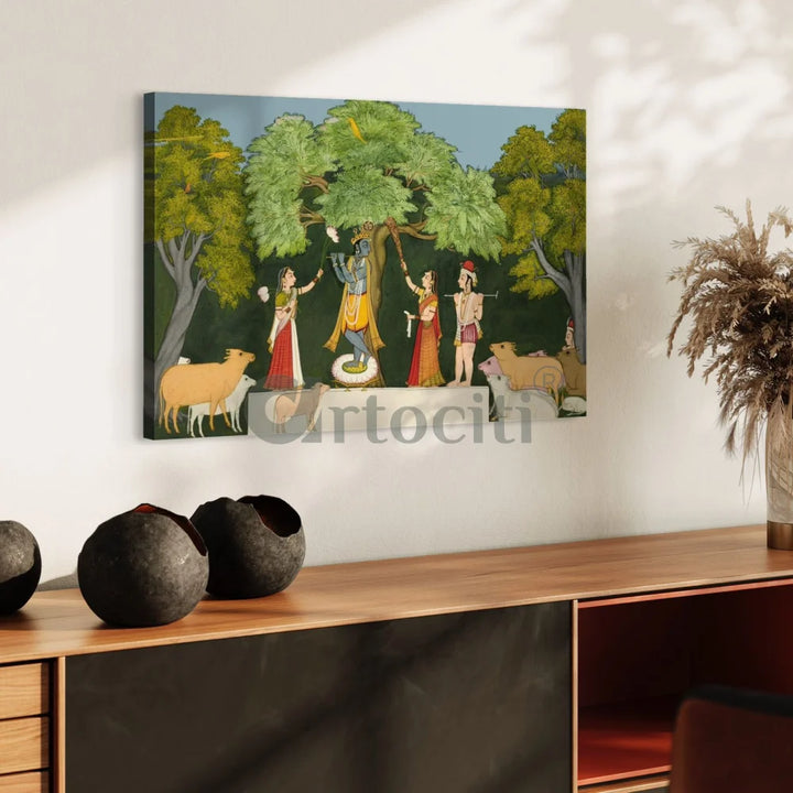 Krishna Entertaining Companions Pichwai Art Canvas Giclee Painting