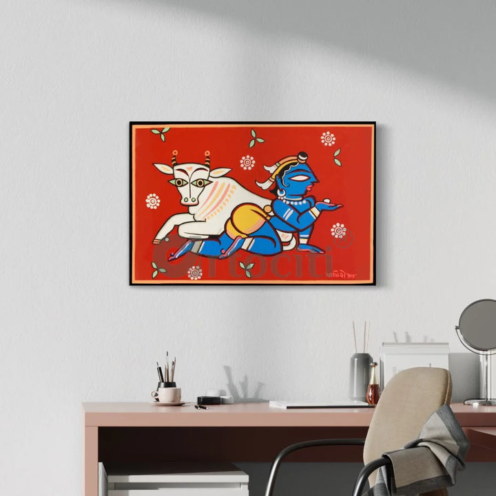 Krishna the Cowherd by Jamini Roy Painting Kalighat Painting 12X18 Inch