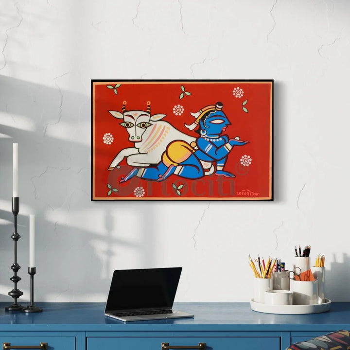 Krishna the Cowherd by Jamini Roy Painting Kalighat Painting 20X30 Inch