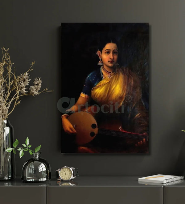 Lady Playing the Swarbat by Raja Ravi Varma Famous Canvas Painting 24X16 Inches Raja Ravi Verma