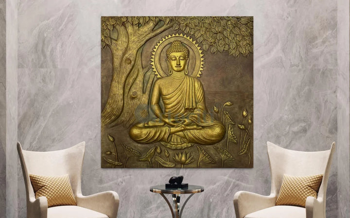 Large size Buddha Under Tree 3D Relief Mural Golden / Unframed