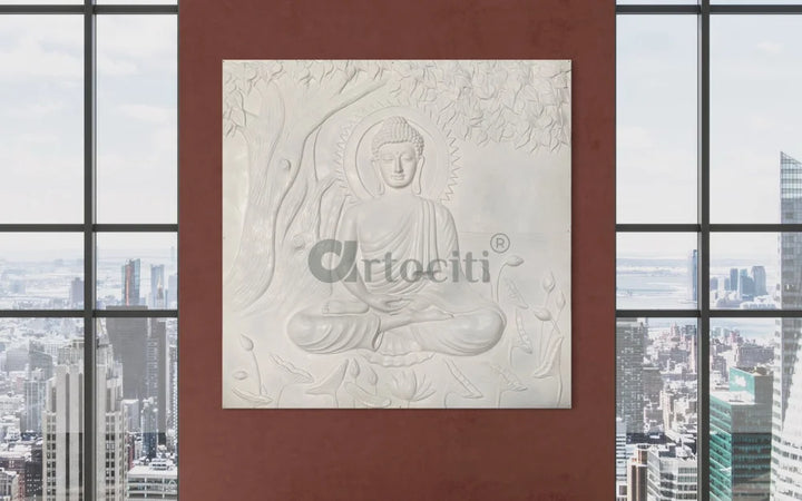 Large size Buddha Under Tree 3D Relief Mural White / Unframed