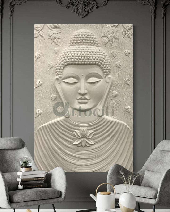 Large size Calm and Peaceful Buddha 3D Relief Mural Cream / 6x4 feet