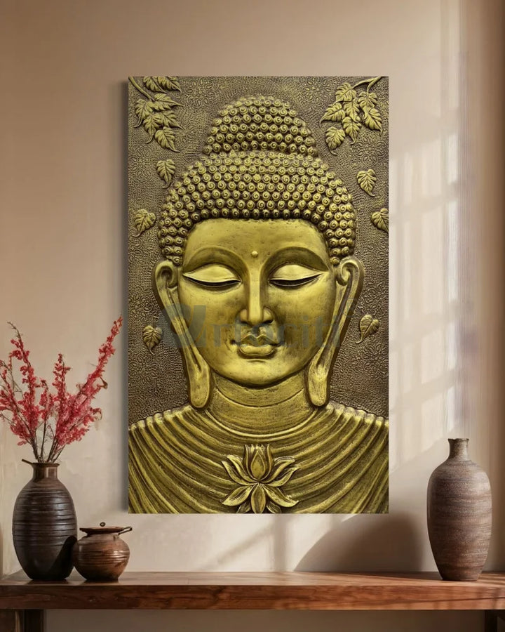 Large size Calm and Peaceful Buddha 3D Relief Mural Golden / 5x3 (cropped from 6x3)