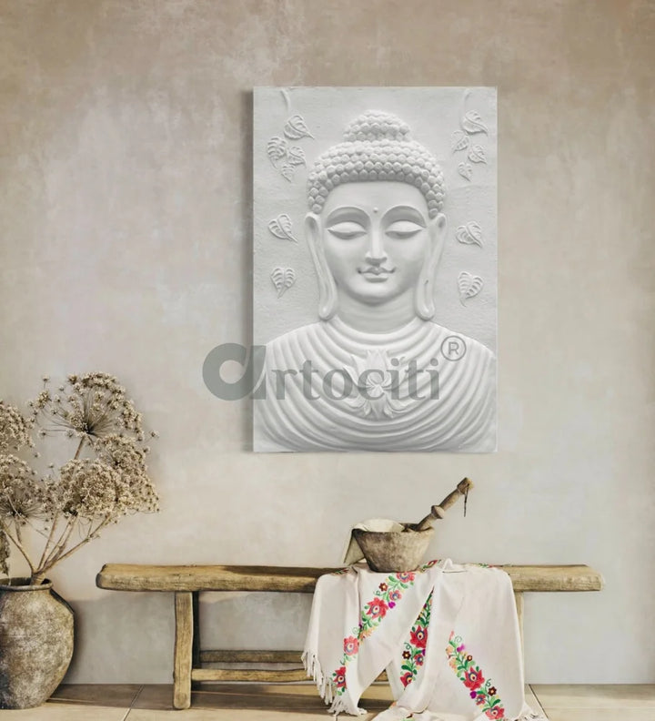 Large size Calm and Peaceful Buddha 3D Relief Mural White / 3X2 feet