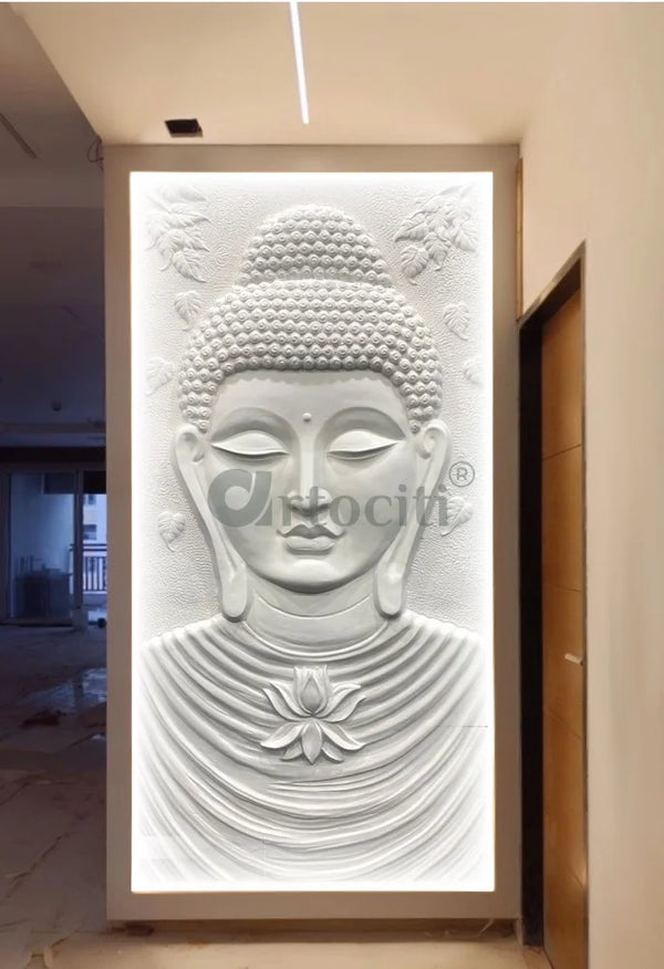 Large size Calm and Peaceful Buddha 3D Relief Mural White / 6x3 feet