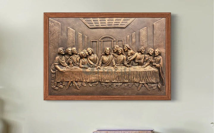 Last Supper 3D Relief Mural Wall Art Jesus Christ Painting 3X2 Feet / Bronze / Frame