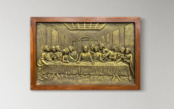 Last Supper 3D Relief Mural Wall Art Jesus Christ Painting 3X2 Feet / Golden / Frame