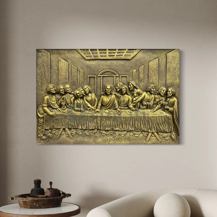Last Supper 3D Relief Mural Wall Art Jesus Christ Painting 3X2 Feet / Golden / Unframe
