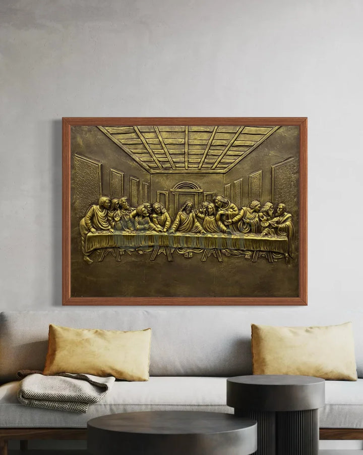 Last Supper 3D Relief Mural Wall Art Jesus Christ Painting 4X3 Feet / Golden / Frame
