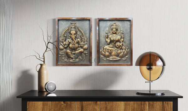 Lord Ganesh & Goddess Laxmi Relief Mural Wall Art Set of 2