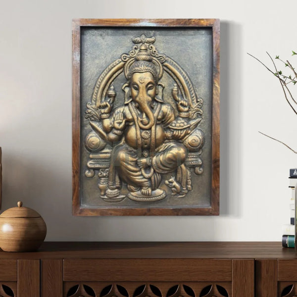 Lord Ganesh Relief Mural Wall Hanging 20x15 Inches BRONZE / 20X15 INCHES / FRAMED Ganesha Wall Decor