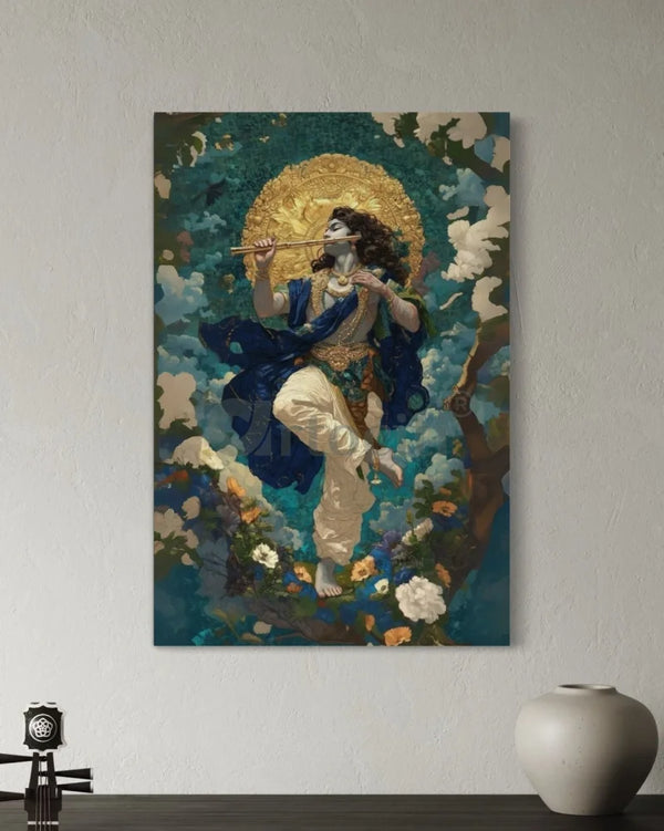 Lord Krishna Playing Flute Indian Ethnic Canvas Painting 48X32 INCHES