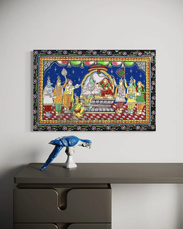 Lord Ram Darbar Pattachitra Monochrome Canvas Giclee Print 30X20 Inches