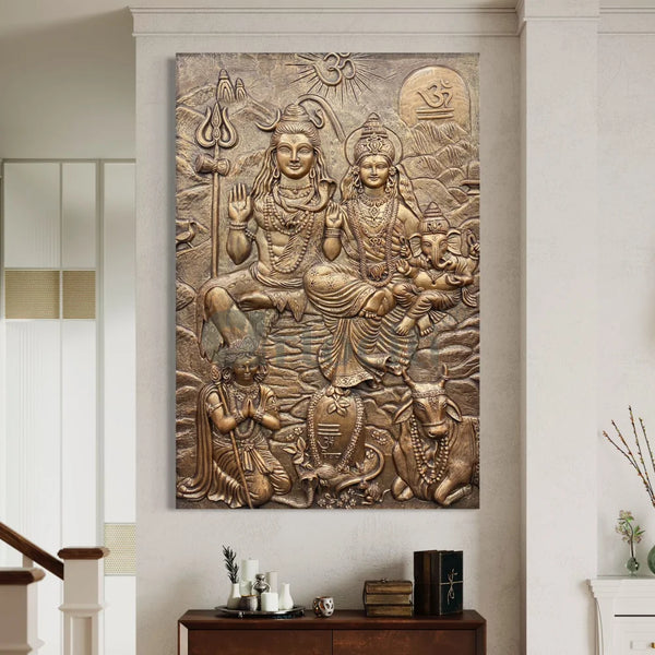 Lord Shiva Parivar 3D Relief Mural Wall Art Bronze & Golden Elegance
