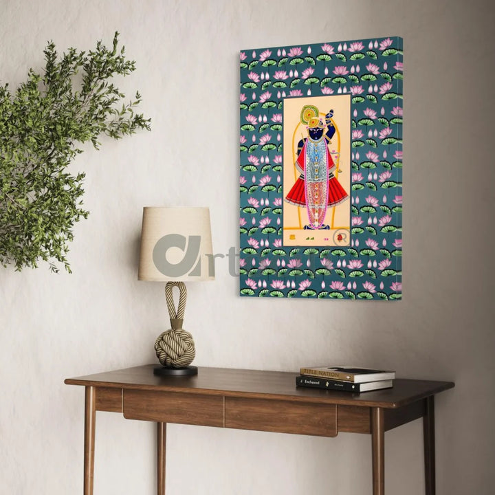 Lord Shreenath Ji Pichwai in Blue Canvas Giclee Print 30X20 Inches