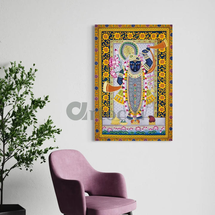 Lord Shreenath Ji Pichwai Traditional Art Canvas Giclee Print 24X16 Inches