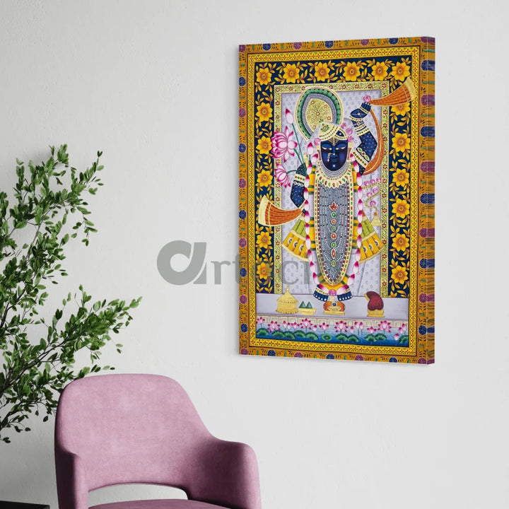 Lord Shreenath Ji Pichwai Traditional Art Canvas Giclee Print 30X20 Inches